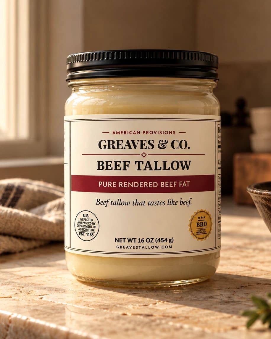 A jar of Greaves beef tallow in warm kitchen light