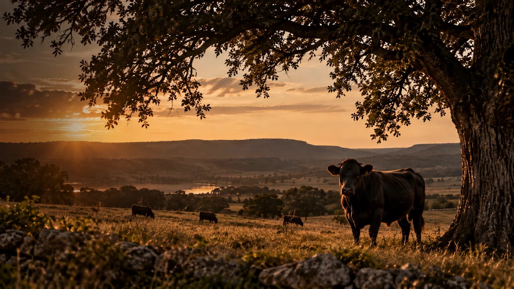 Cattle grazing beneath an oak at golden hour
