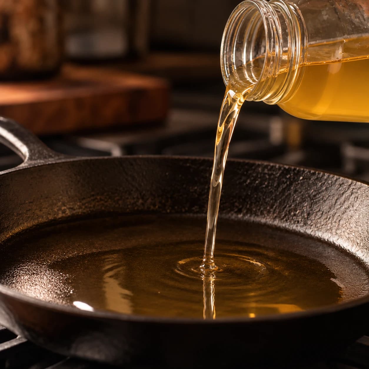 Golden liquid beef tallow pouring from a bottle into a cast-iron skillet